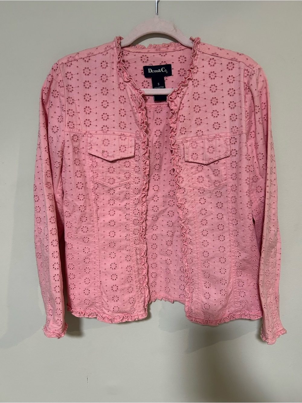 Denim & Co Pink Eyelet Ruffle Open Front Jacket size M 0352
